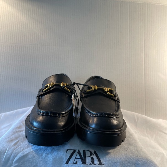 Lug Sole Black Leather Loafers with gold metal detail - Picture 11 of 13